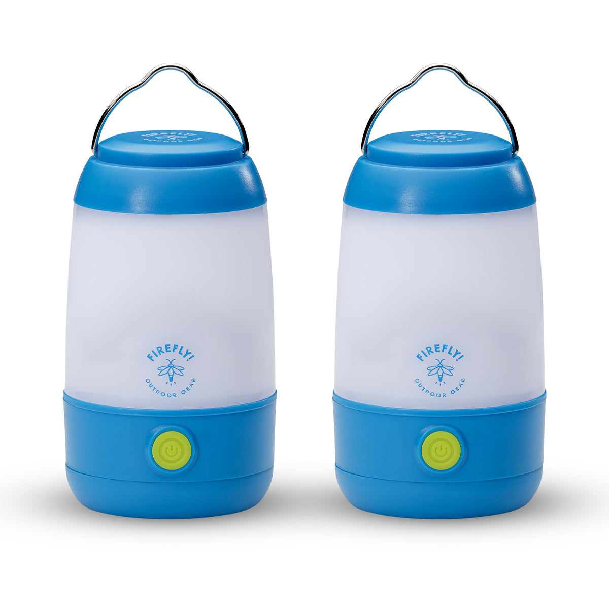 Two blue camping lanterns with 'Firefly' branding