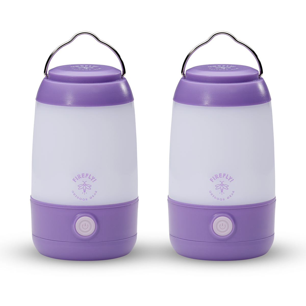 Two purple camping lanterns with 'Firefly' branding