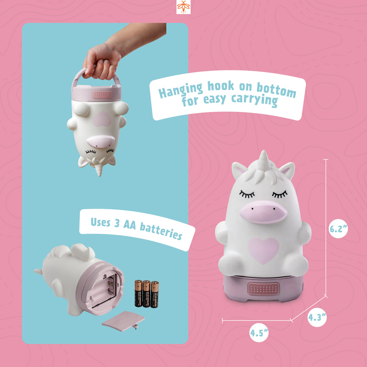 labeled diagram of unicorn lantern features with the text "hanging hook on bottom for easy carrying. Uses 3 double A batteries. 6.2 inch height, 4.5 inch width, 4.3 inch length"