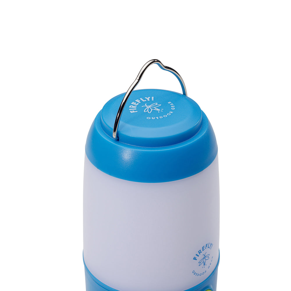 Top view of blue camping lantern with 'Firefly' branding