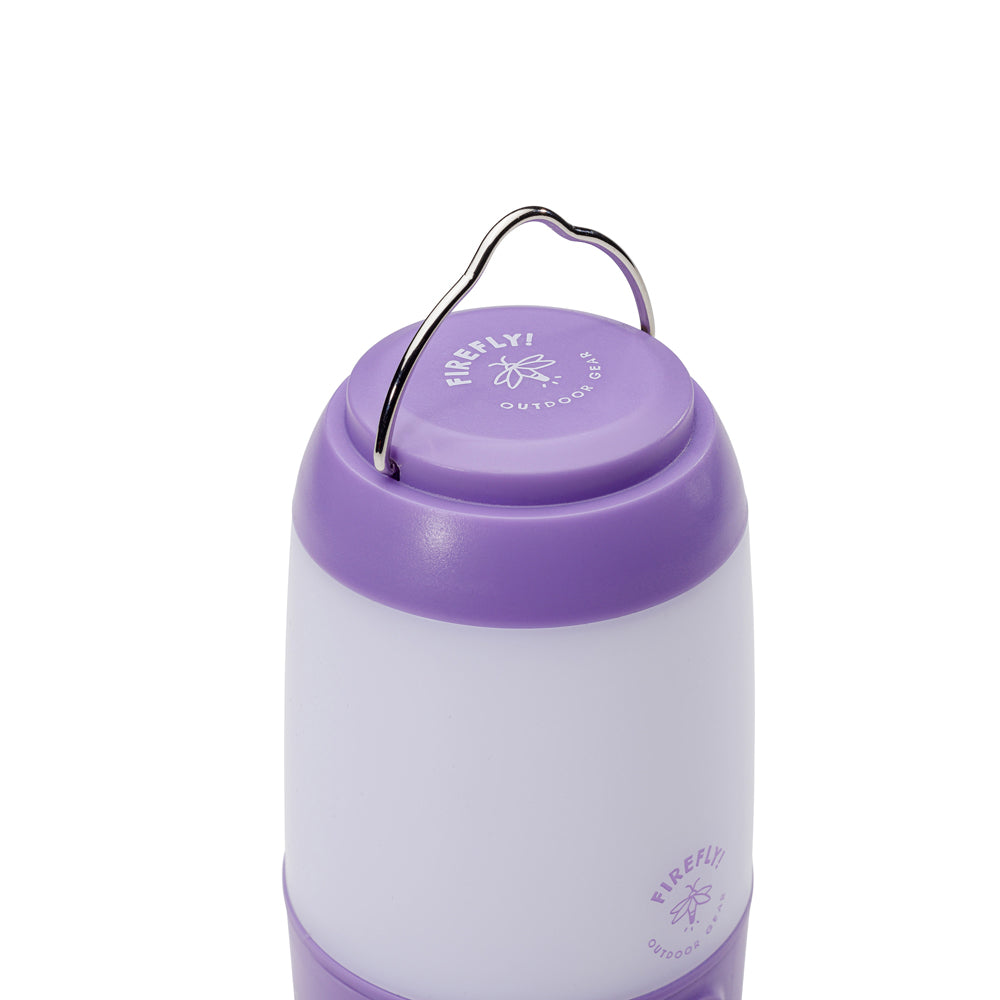 Top view of purple camping lantern with 'Firefly' branding