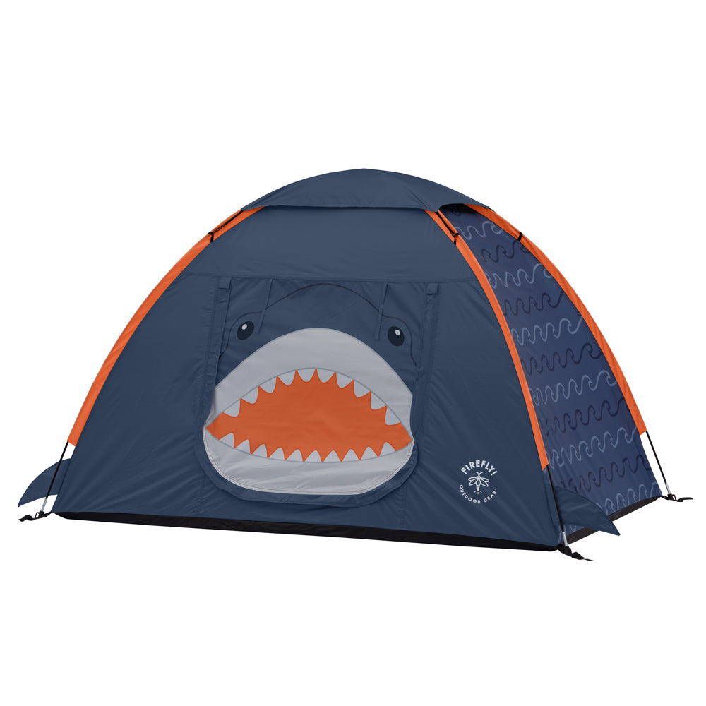 Blue shark themed tent with shark face design on the front and wave pattern on the side.