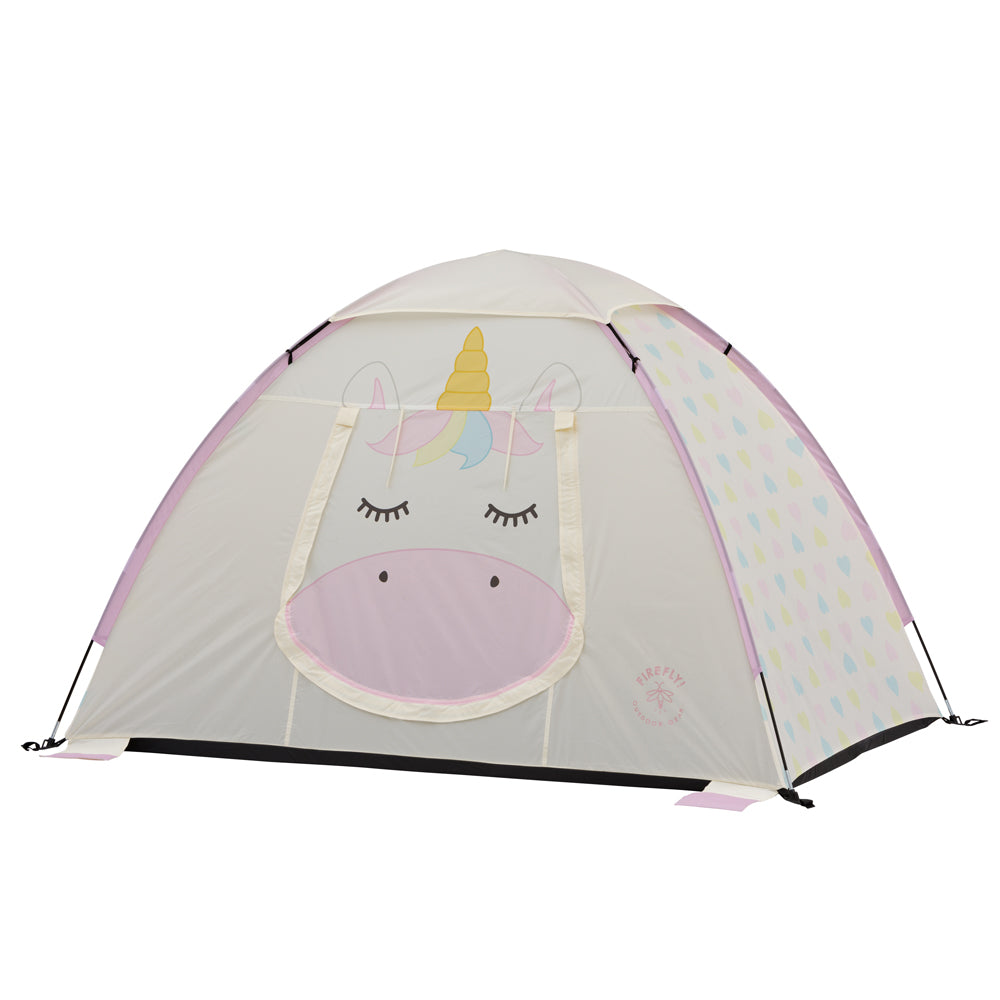 Children's camping tent designed to look like a unicorn with pink features and a white body, with a pattern of rainbow-colored spots.