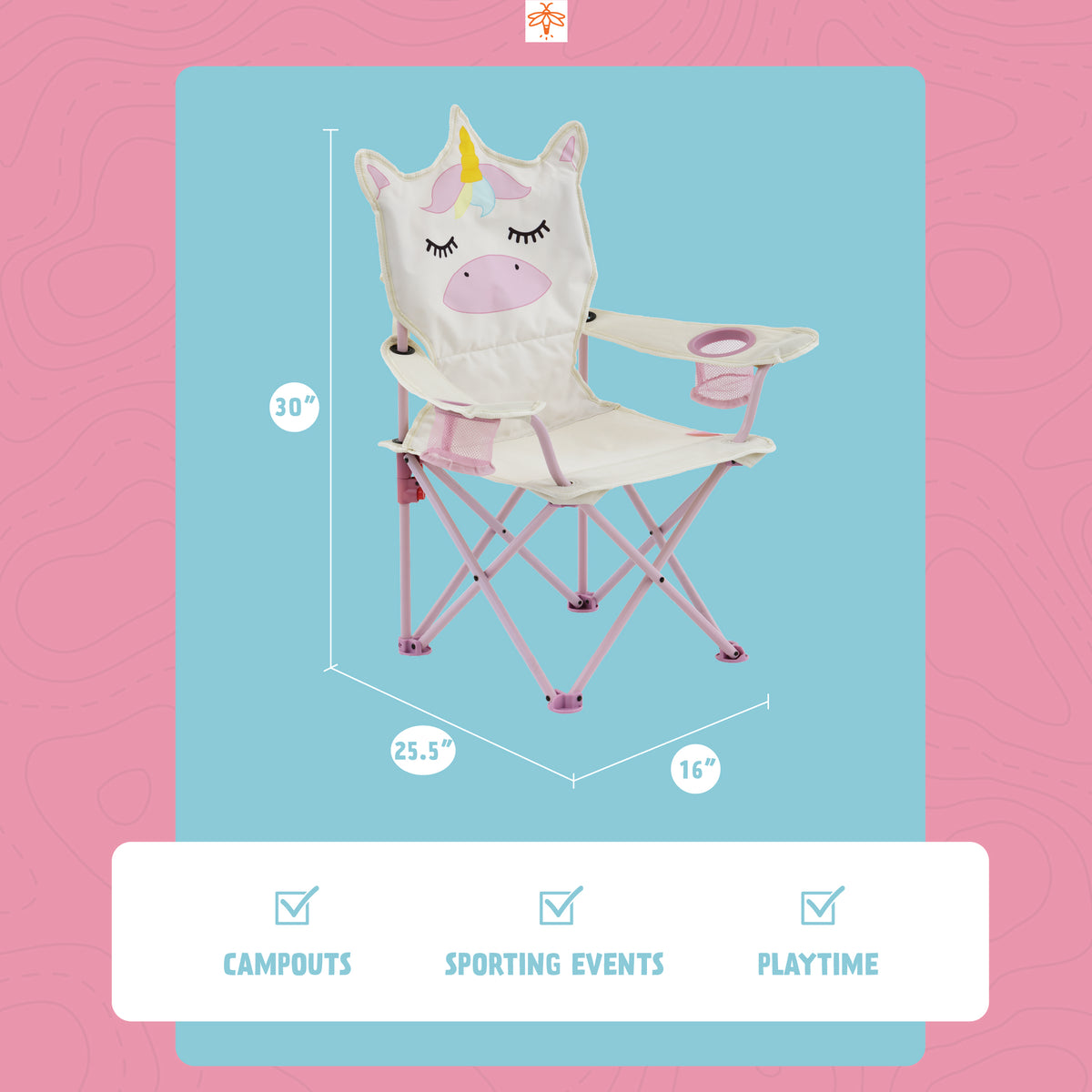 Diagram of child's unicorn chair with dimensions "30 inch height, 25.5 inch length, 16 inch width" and checkboxes labeled "Campouts, Sporting events, playtime"