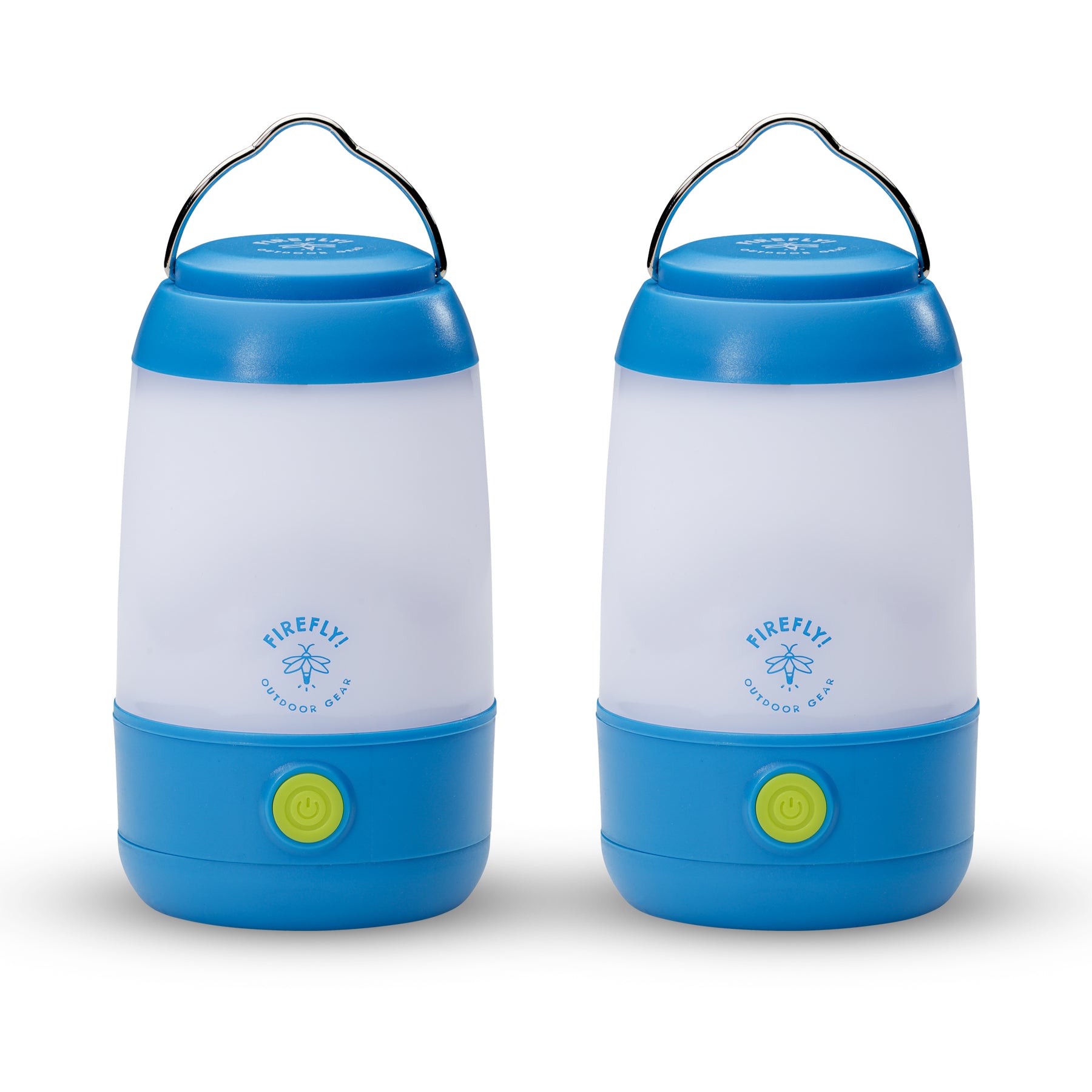 Two blue camping lanterns with 'Firefly' branding