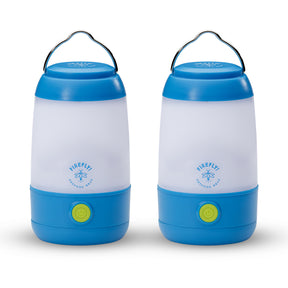Two blue camping lanterns with 'Firefly' branding