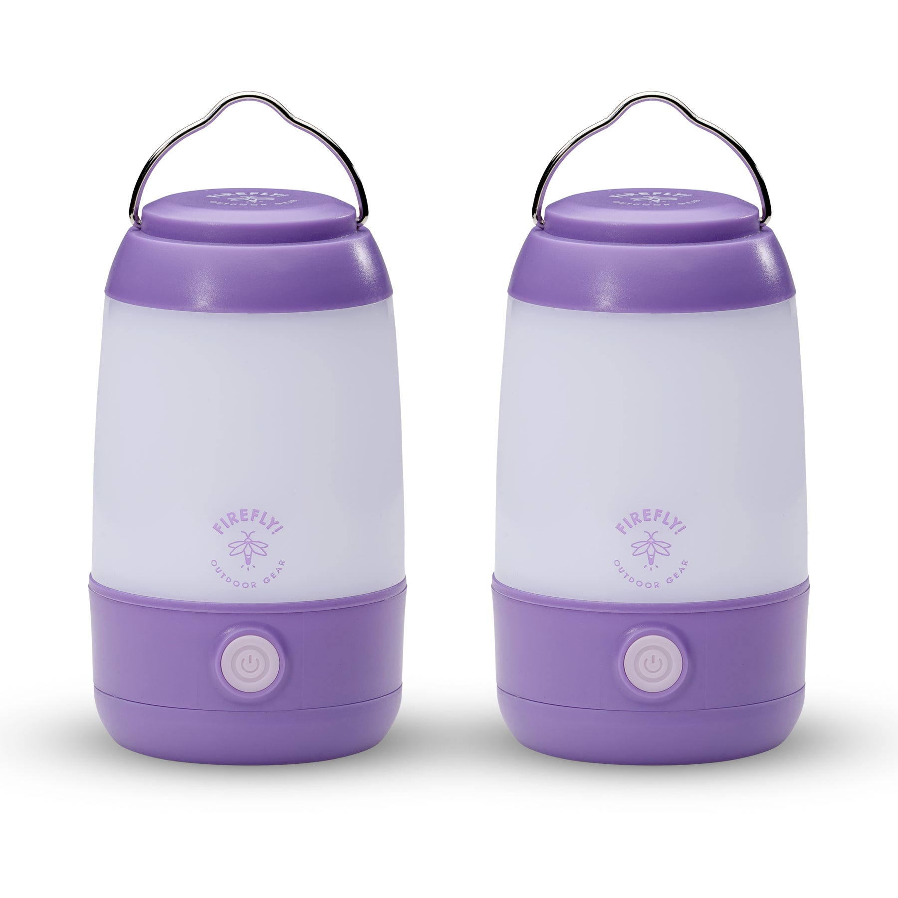 Two purple camping lanterns with 'Firefly' branding