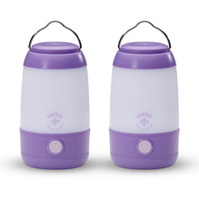 Two purple camping lanterns with 'Firefly' branding