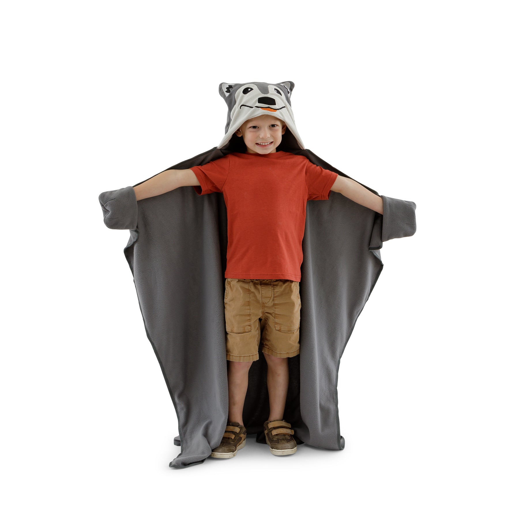 Child wearing a gray Aspen the wolf blanket on a white background