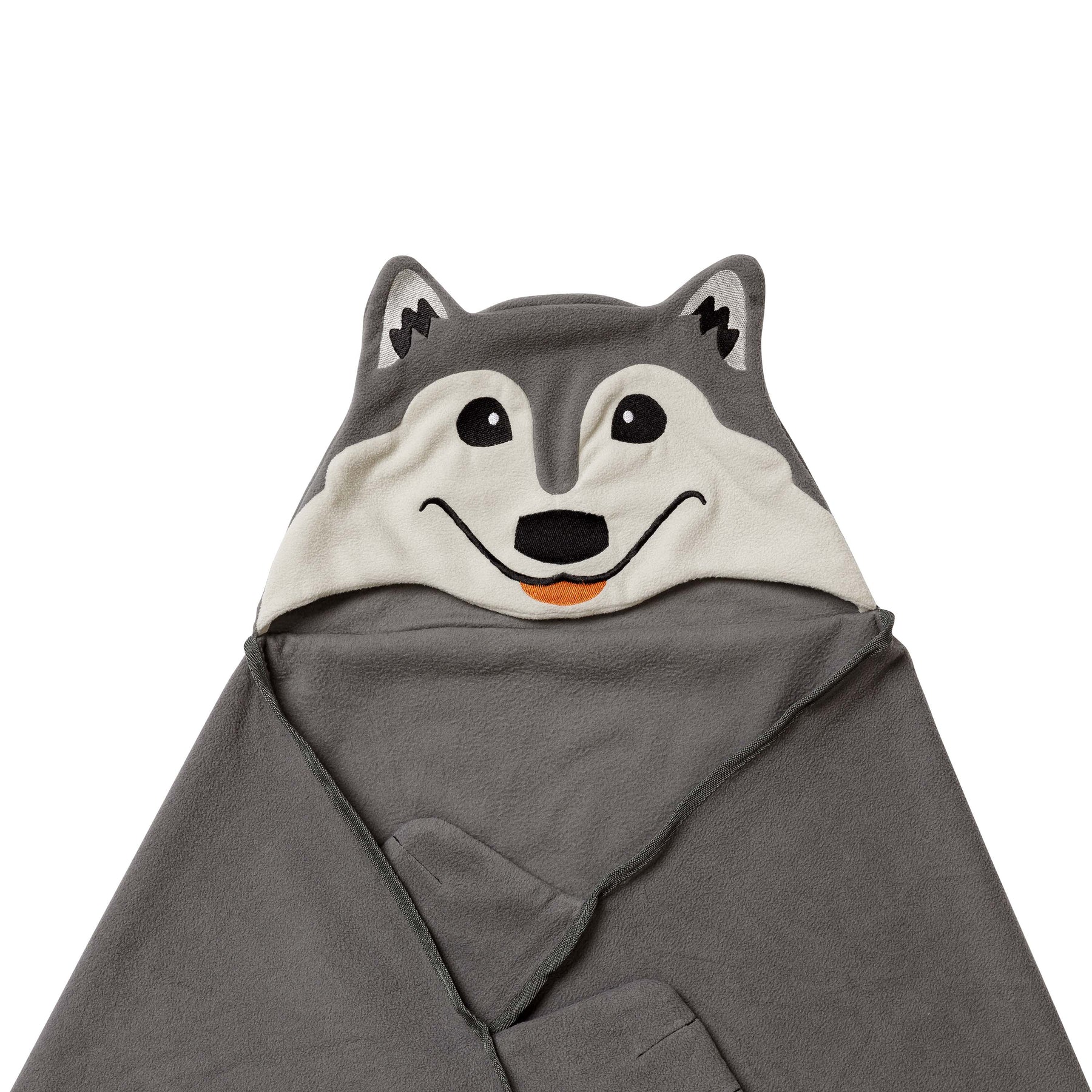 Close up of Aspen the wolf design hooded blanket on a white background