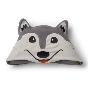 Close up of Gray Aspen the wolf hood on a white background