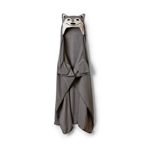 Gray hooded blanket with wolf face design on a white background