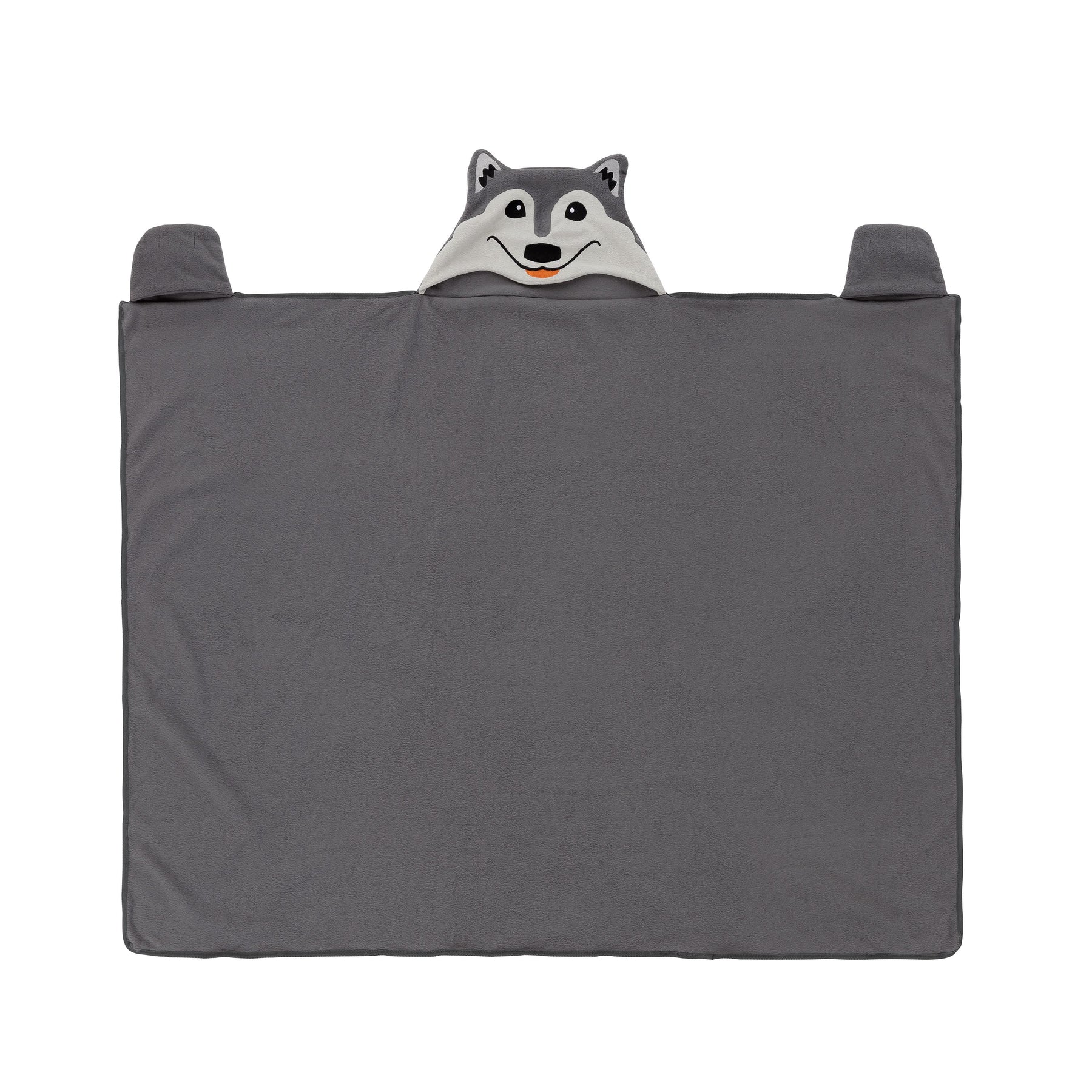 Gray blanket with a wolf face design flattened on a white background