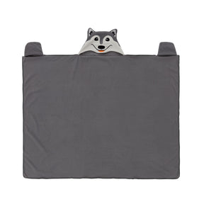 Gray blanket with a wolf face design flattened on a white background