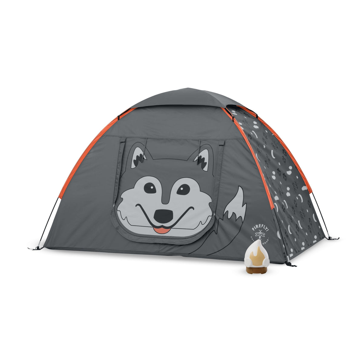 Children's tent with Aspen the Wolf design and child's lantern on a white background