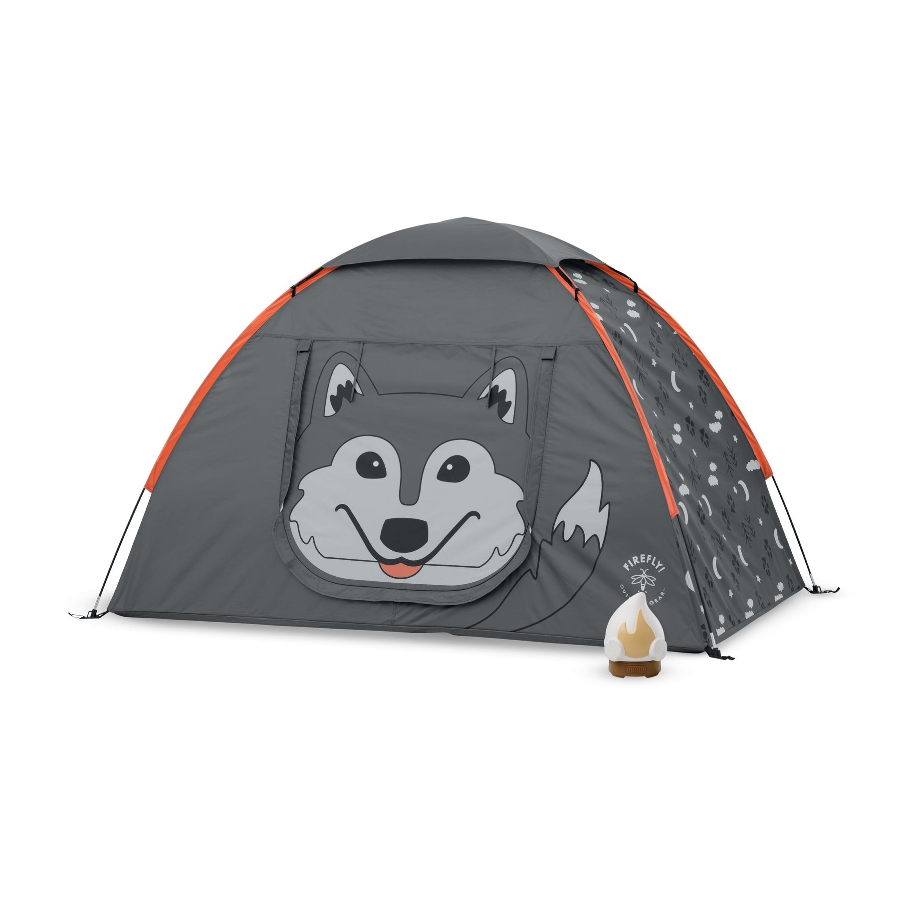 Children's tent with Aspen the Wolf design and child's lantern on a white background