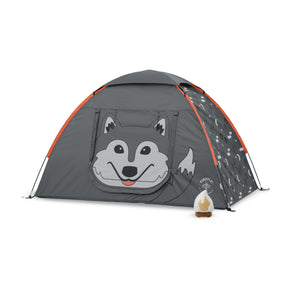 Children's tent with Aspen the Wolf design and child's lantern on a white background